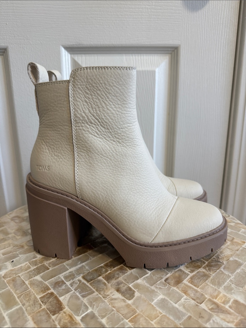 TOMS Cream Leather Chunky Heel Ankle Boots